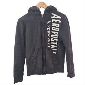 Aeropostale Distressed Brown Y2K Vintage 2010 Full Zip Hooded Sweatshirt Sz XS